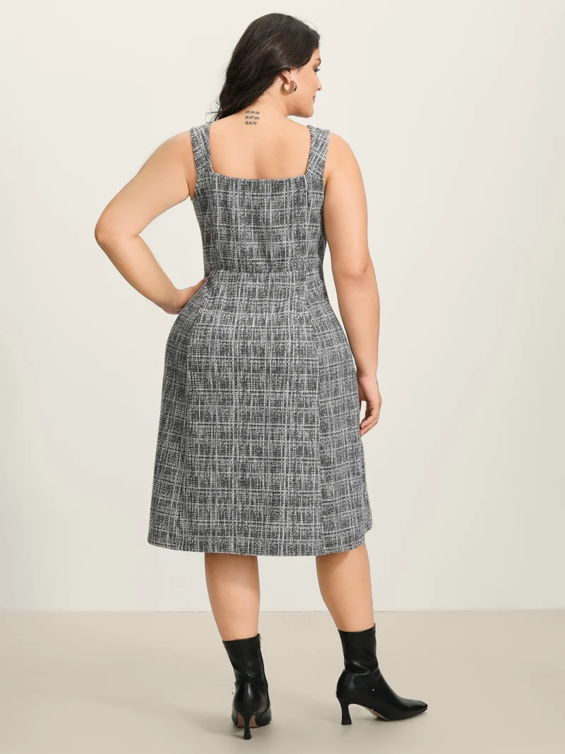 Tweed Sweetheart Neck Cinched-Waist Midi Dress
