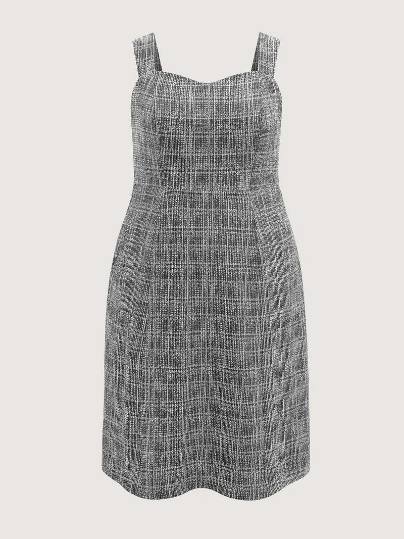 Tweed Sweetheart Neck Cinched-Waist Midi Dress