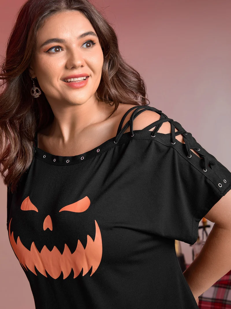 Pumpkin Motif Strap Loop Shoulder T-Shirt