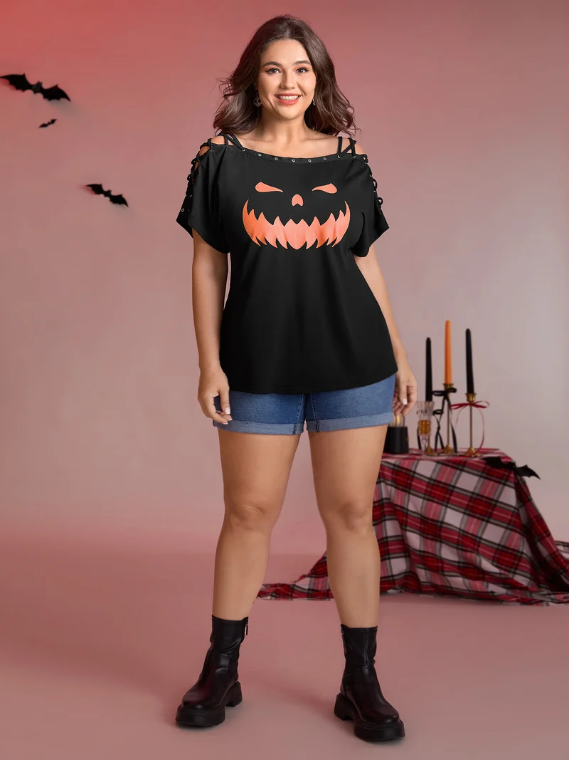 Pumpkin Motif Strap Loop Shoulder T-Shirt