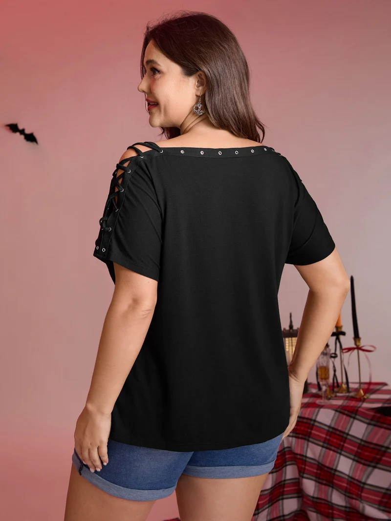 Pumpkin Motif Strap Loop Shoulder T-Shirt