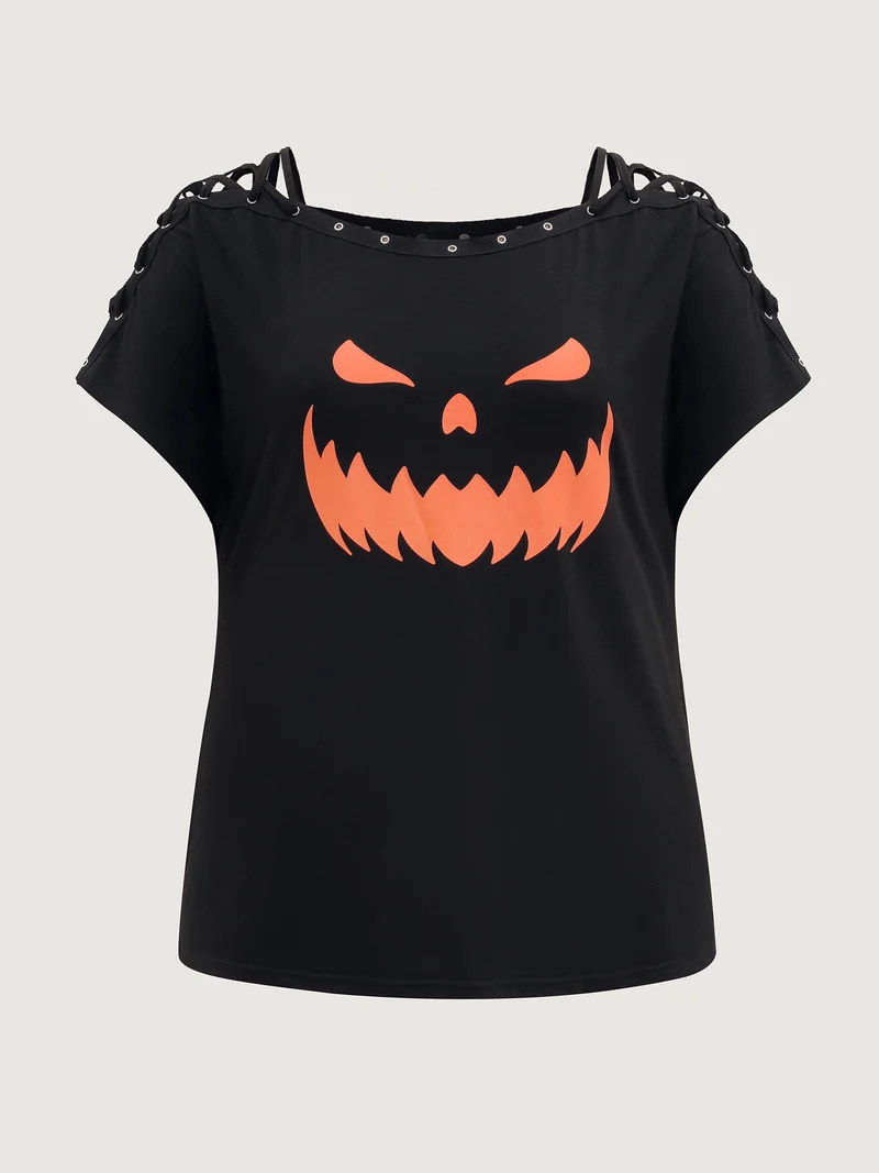 Pumpkin Motif Strap Loop Shoulder T-Shirt