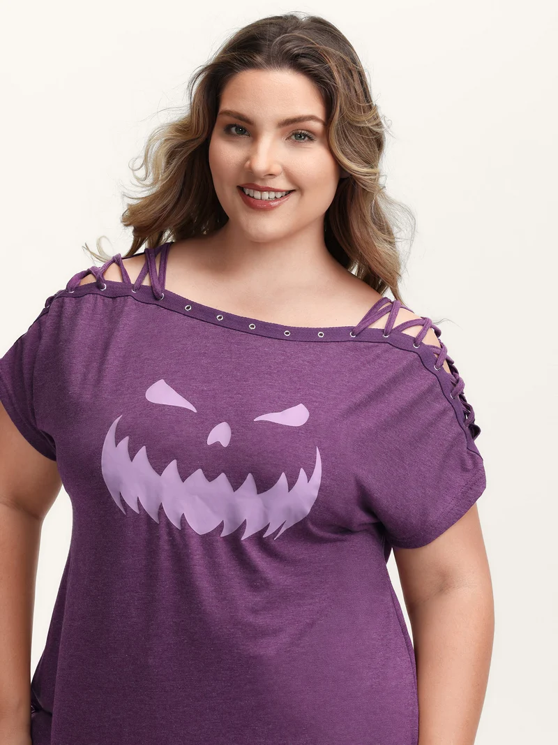 Pumpkin Motif Strap Loop Shoulder T-Shirt