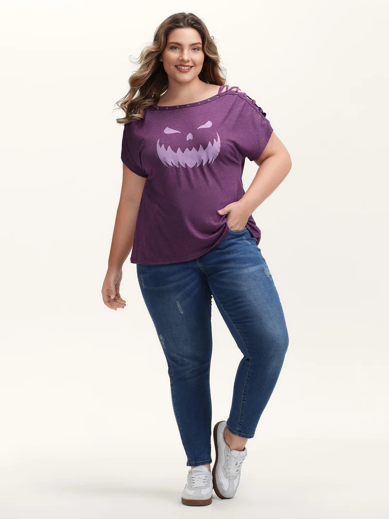 Pumpkin Motif Strap Loop Shoulder T-Shirt