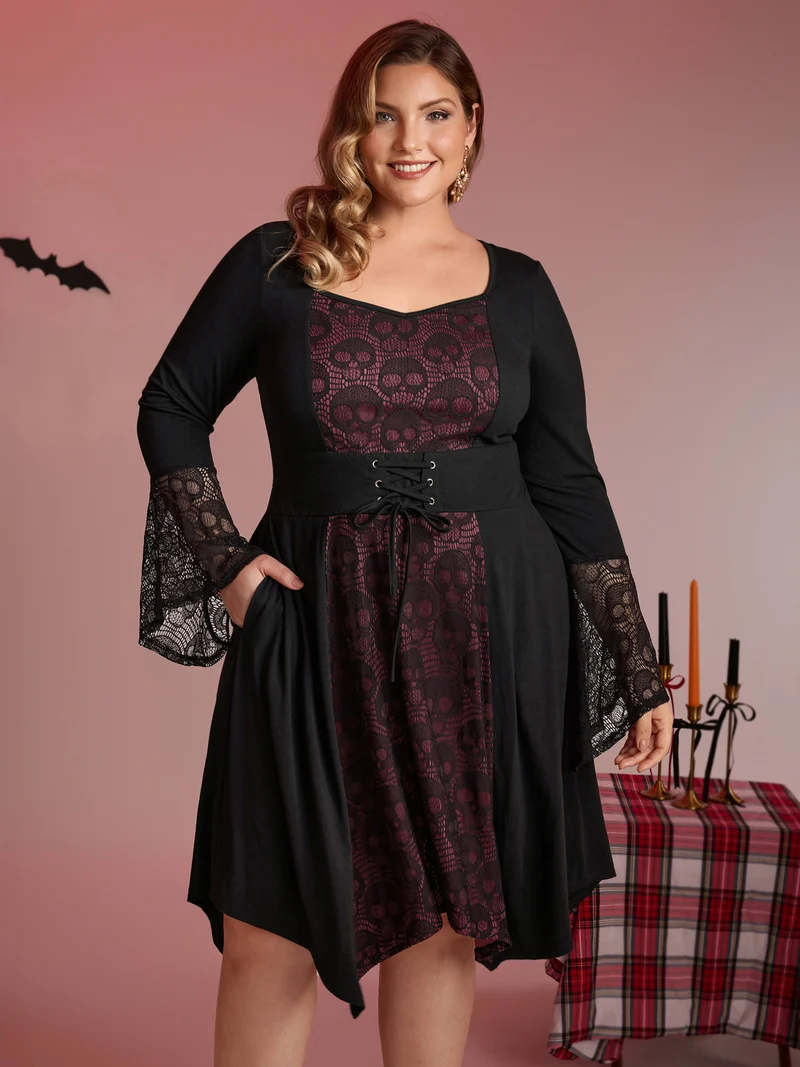 Skull Wide-Waist Tie Contrast Midi Dress
