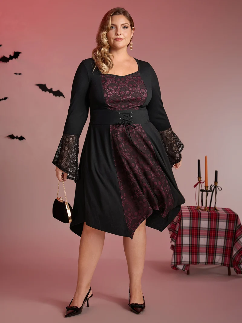 Skull Wide-Waist Tie Contrast Midi Dress
