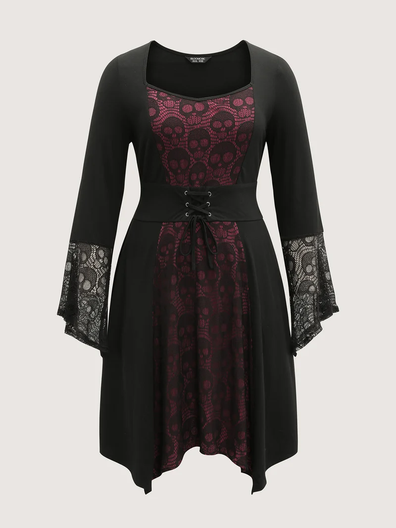 Skull Wide-Waist Tie Contrast Midi Dress