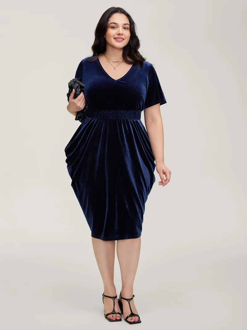 Velvet Shirred Waist Asymmetrical Hem Midi Dress