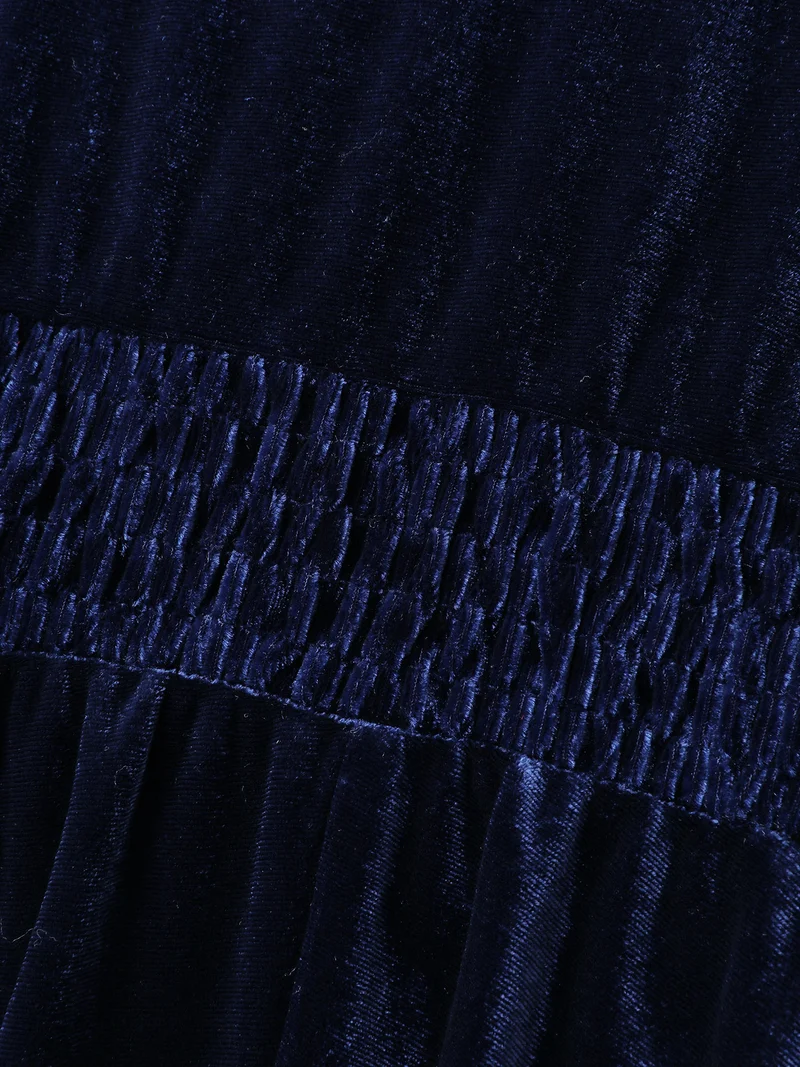 Velvet Shirred Waist Asymmetrical Hem Midi Dress