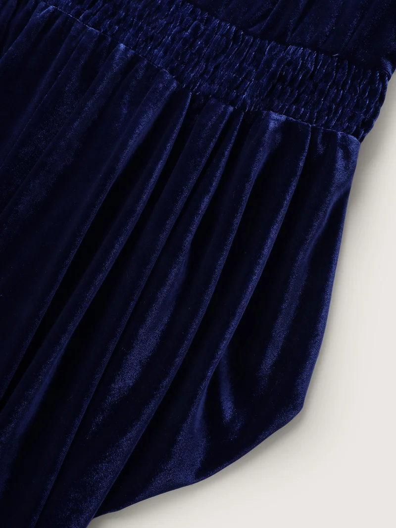Velvet Shirred Waist Asymmetrical Hem Midi Dress