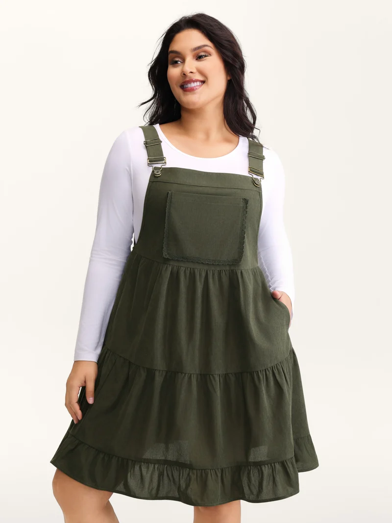 Corduroy Lace Trim Overall Strap Midi Dress