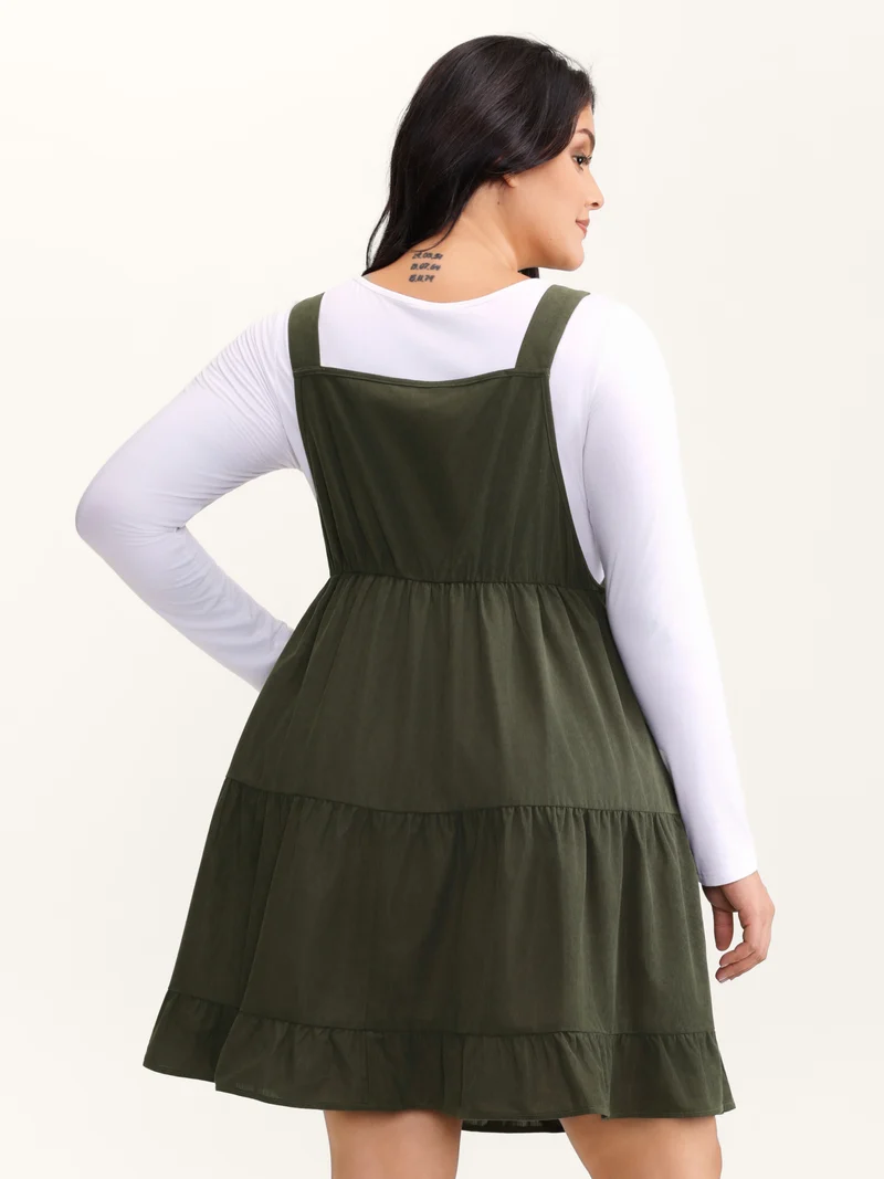 Corduroy Lace Trim Overall Strap Midi Dress