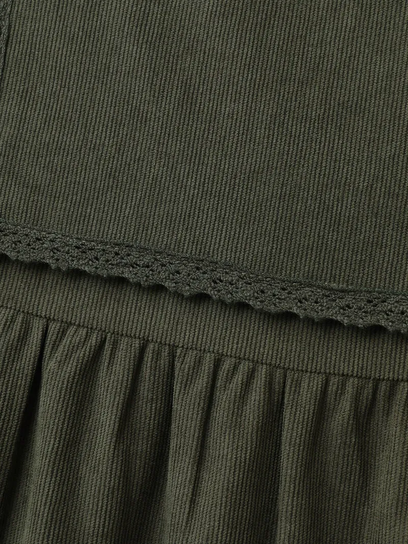 Corduroy Lace Trim Overall Strap Midi Dress