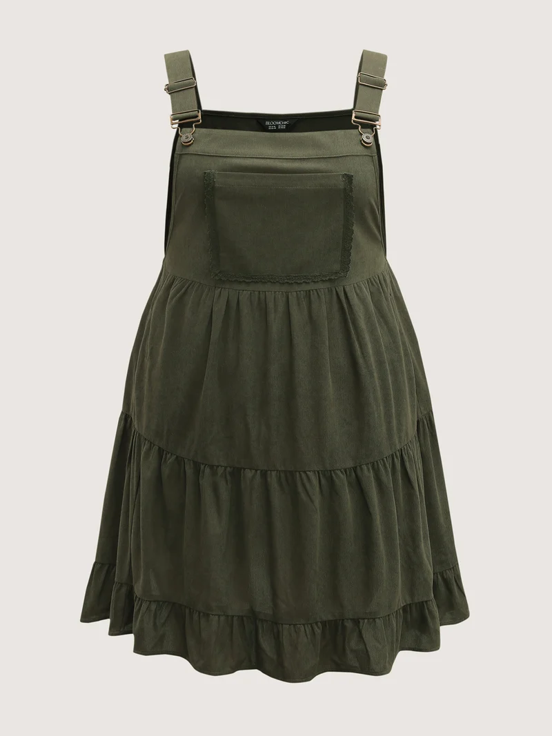 Corduroy Lace Trim Overall Strap Midi Dress