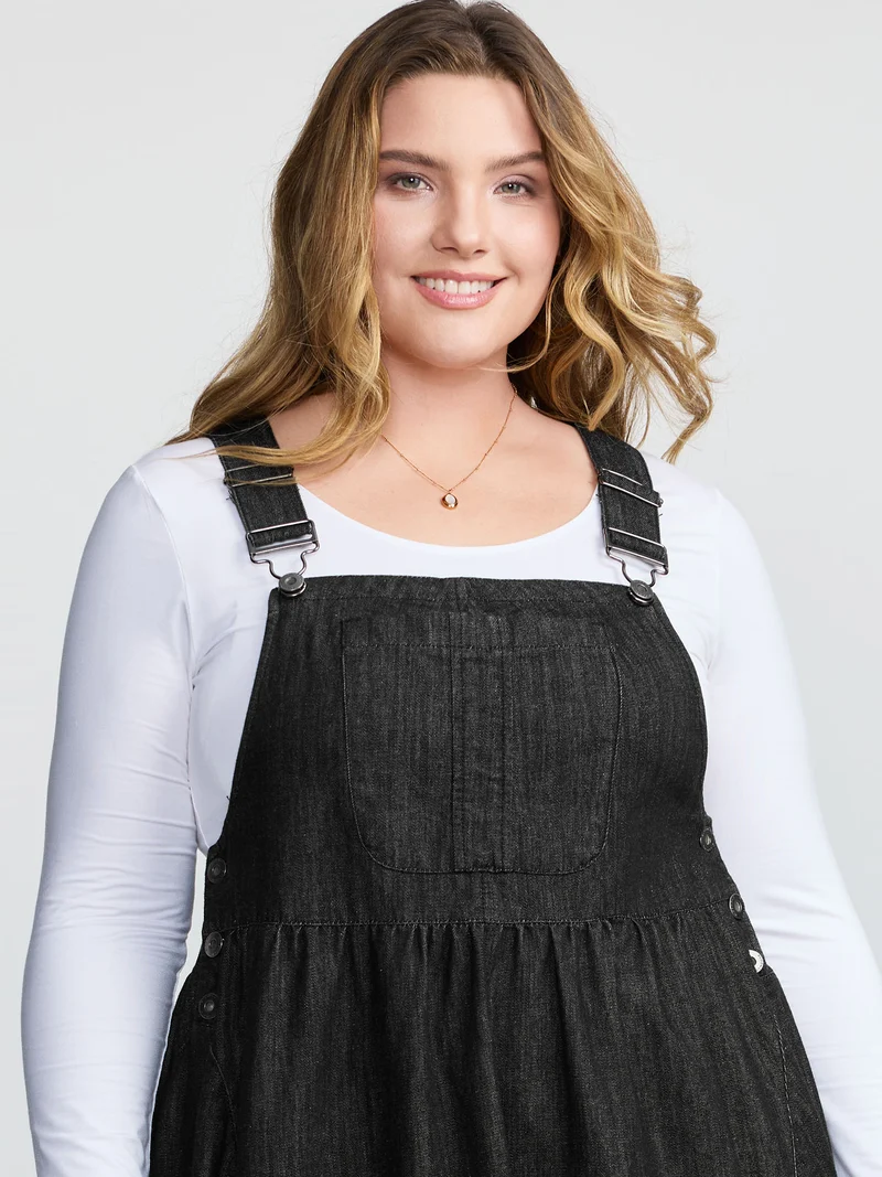 Denim Adjustable Overall Straps Pockets Midi Dress