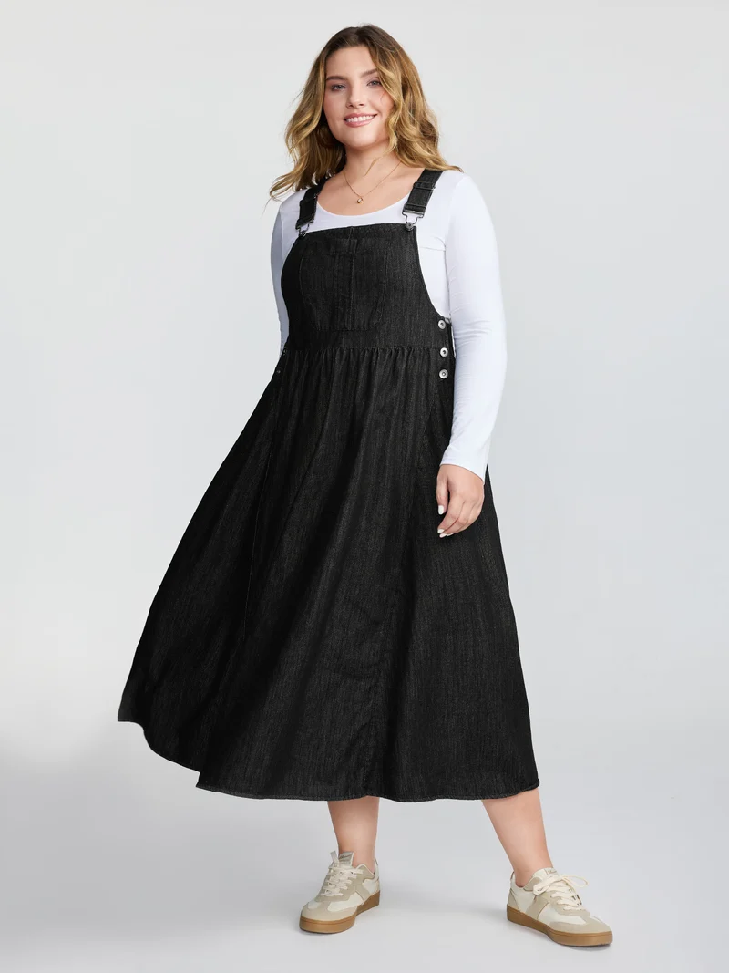 Denim Adjustable Overall Straps Pockets Midi Dress