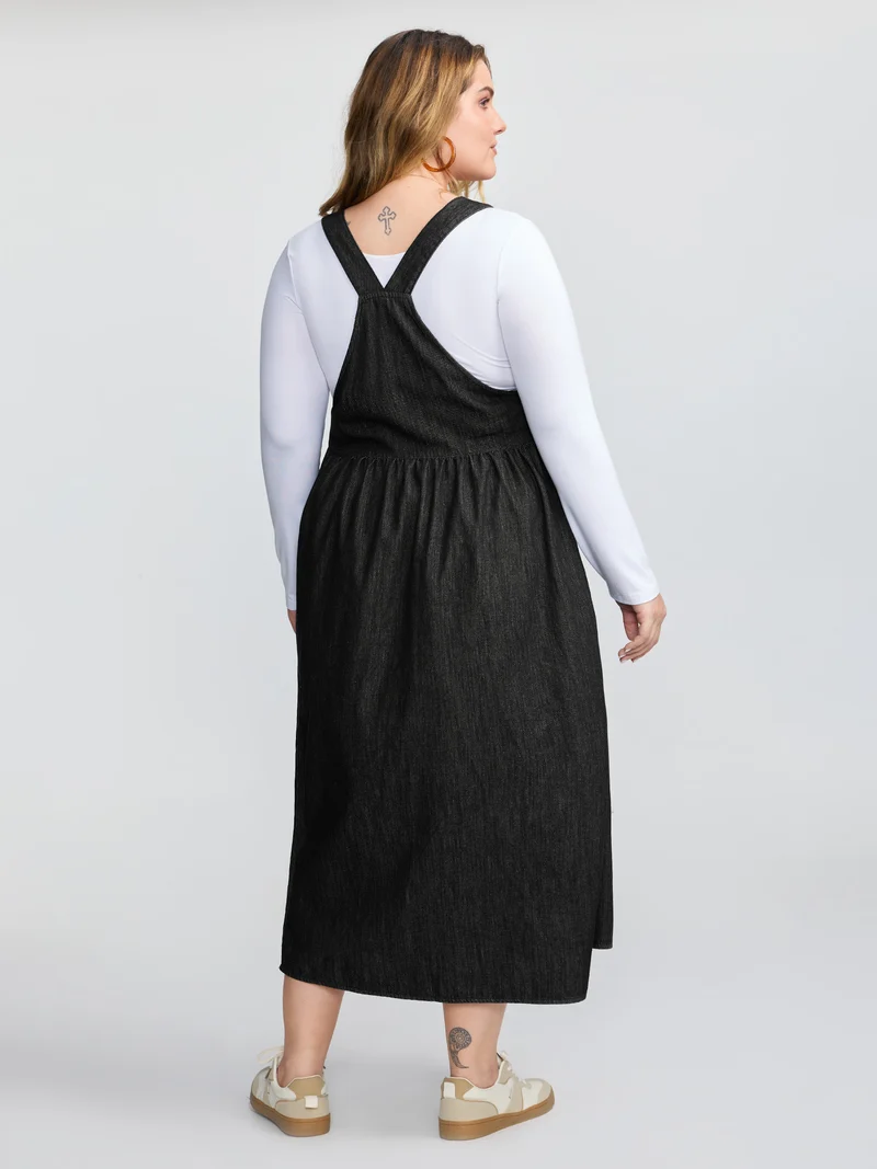 Denim Adjustable Overall Straps Pockets Midi Dress