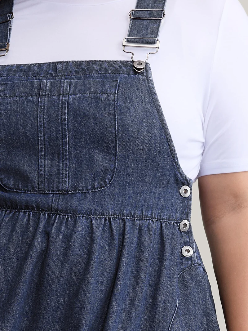 Denim Adjustable Overall Straps Pockets Midi Dress