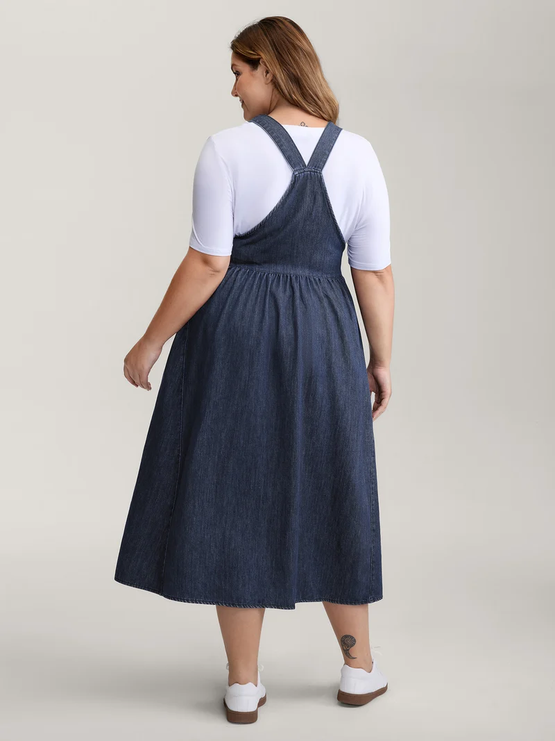 Denim Adjustable Overall Straps Pockets Midi Dress