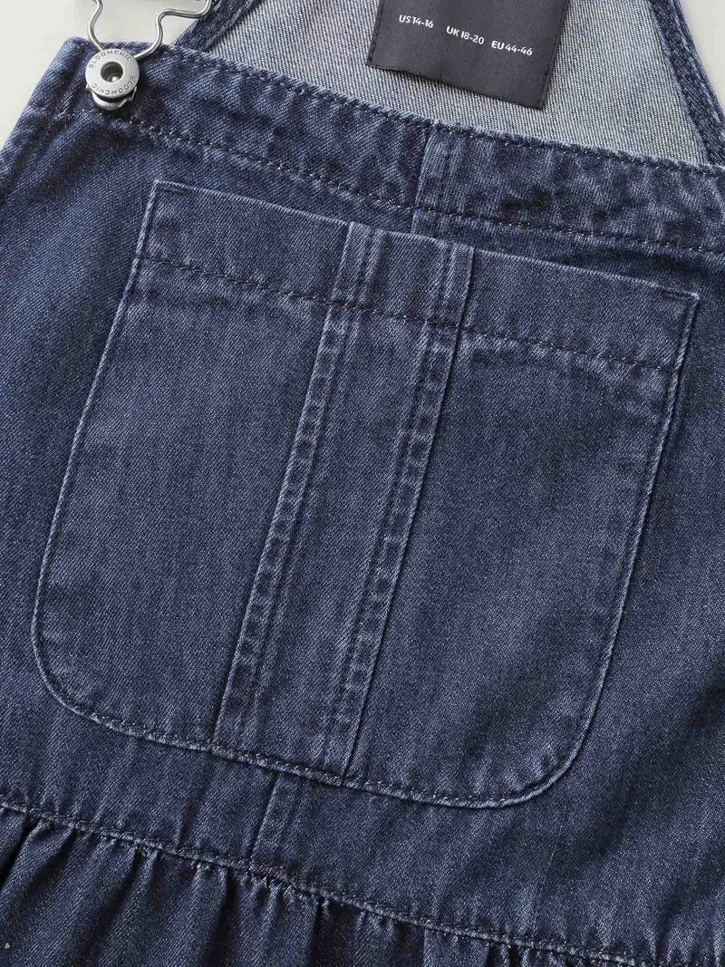 Denim Adjustable Overall Straps Pockets Midi Dress