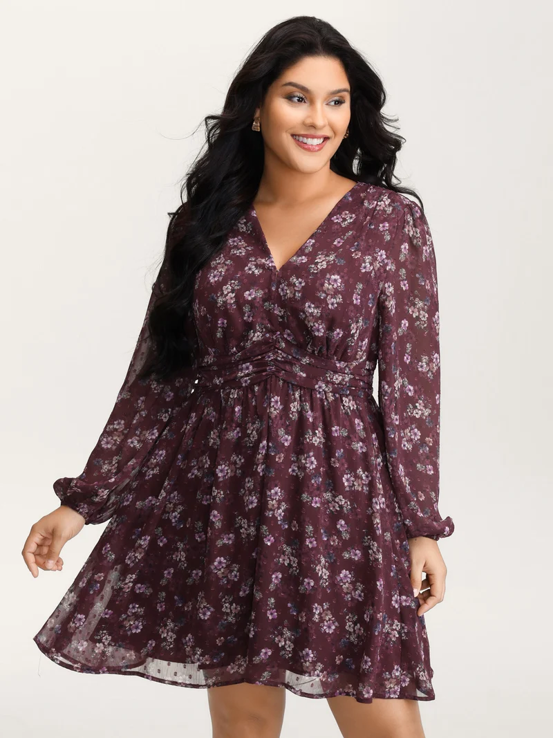 Floral Print Pleated Waist Mini Dress
