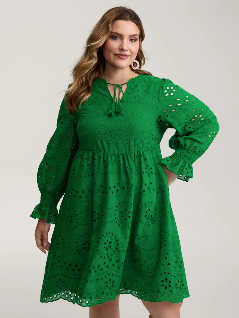 Eyelet Embroidery Shirred Cuffs Midi Dress