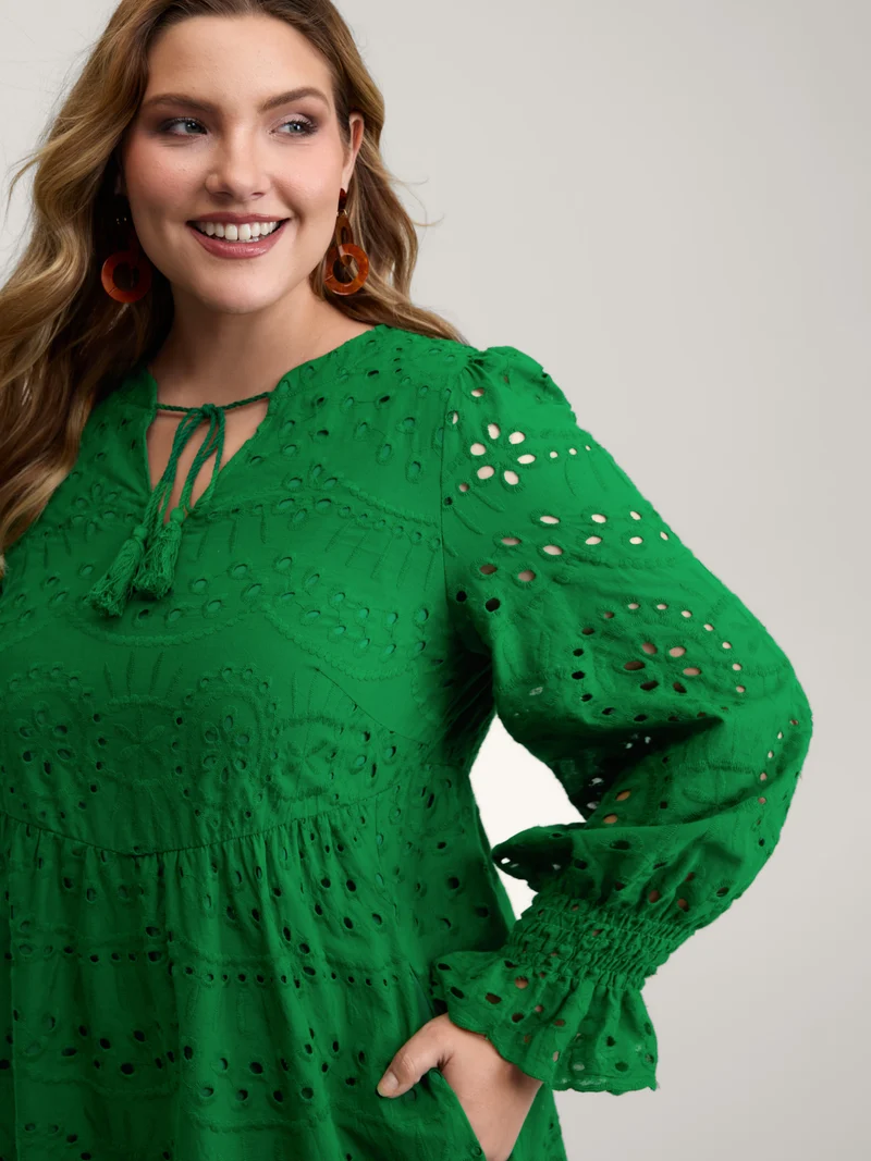Eyelet Embroidery Shirred Cuffs Midi Dress