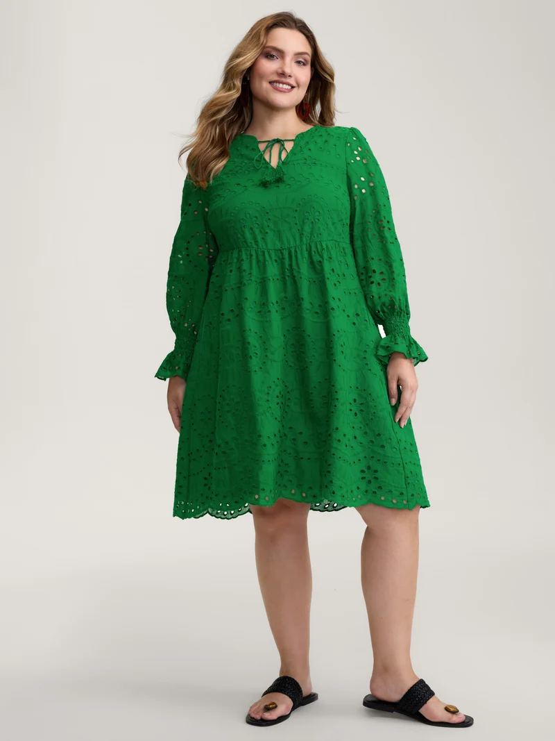 Eyelet Embroidery Shirred Cuffs Midi Dress
