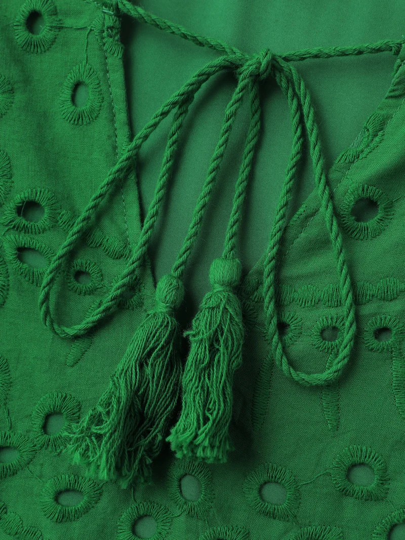 Eyelet Embroidery Shirred Cuffs Midi Dress