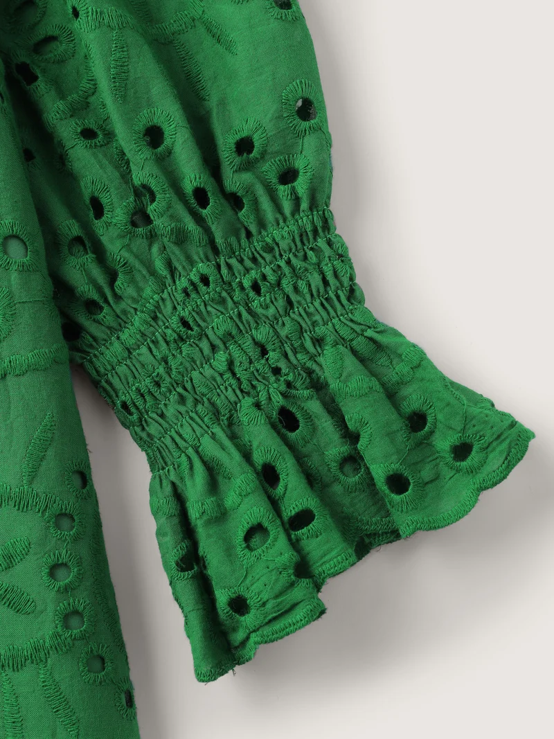 Eyelet Embroidery Shirred Cuffs Midi Dress