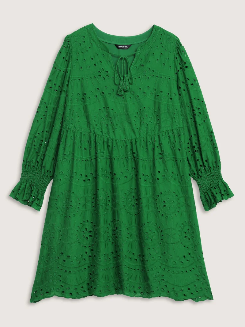 Eyelet Embroidery Shirred Cuffs Midi Dress
