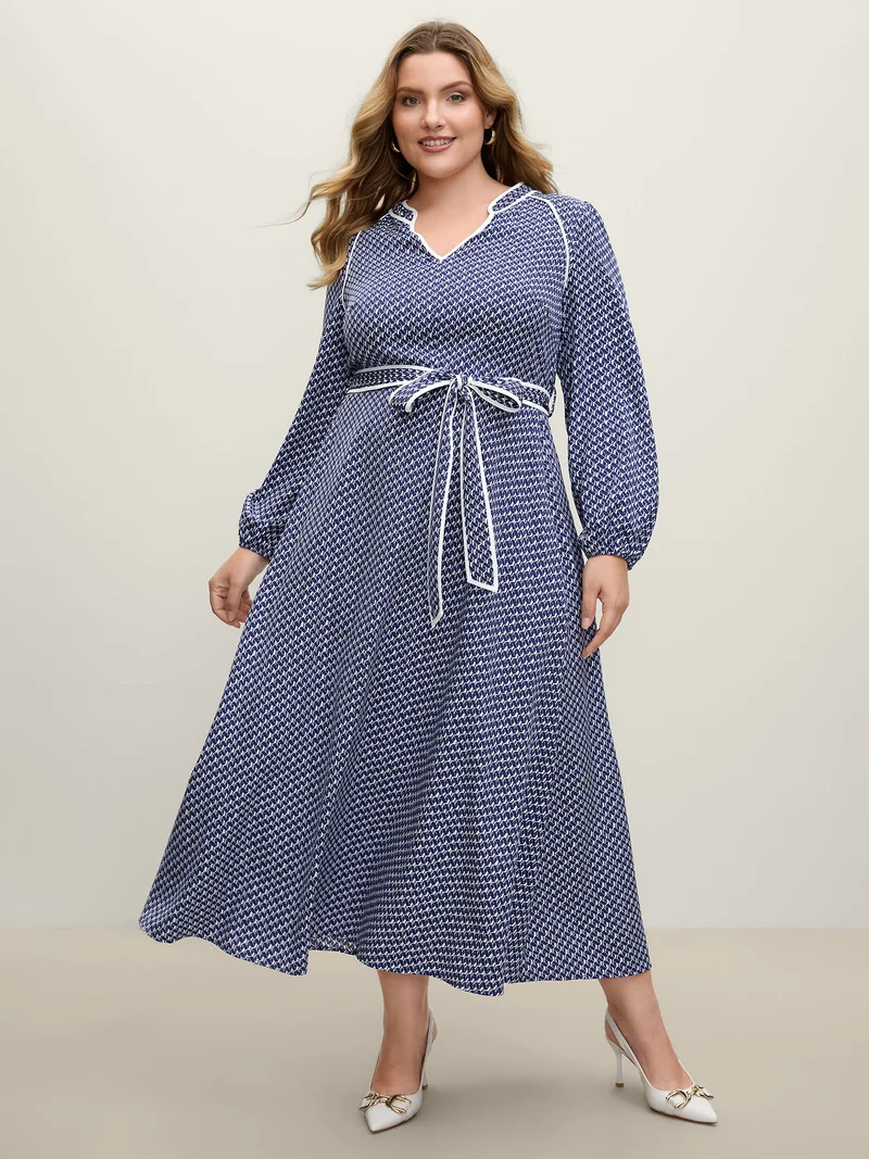Micro Geometric Print Waist-Tie Maxi Dress