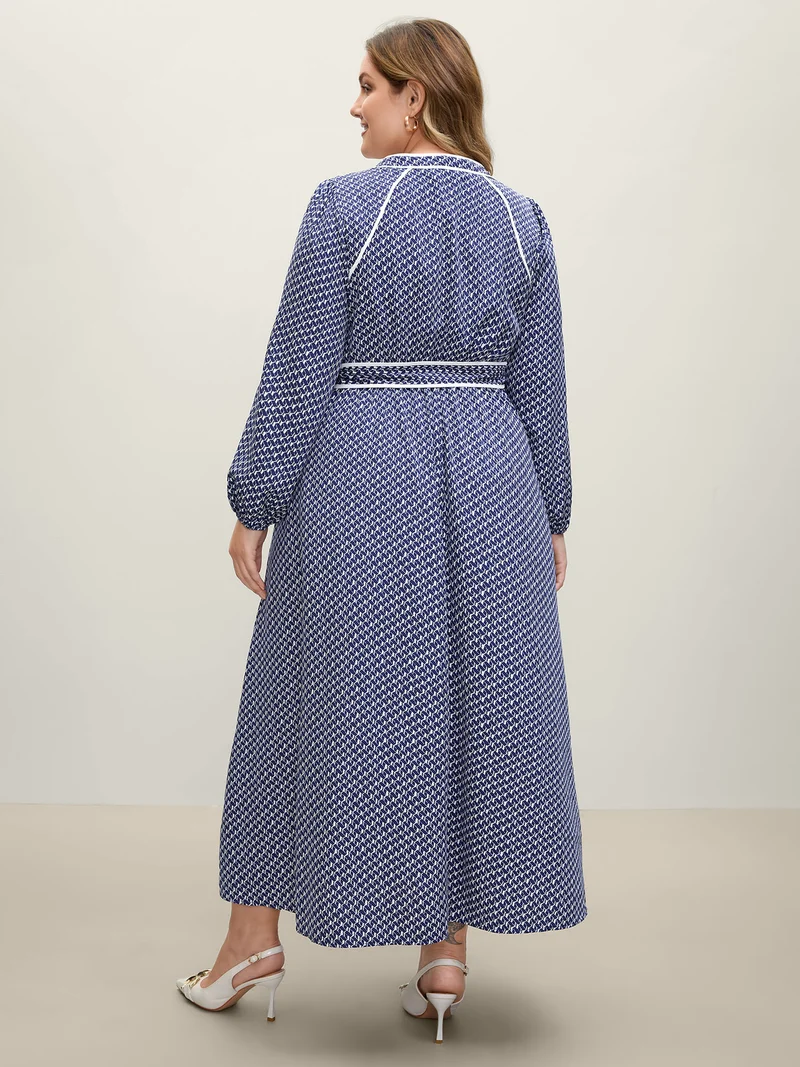 Micro Geometric Print Waist-Tie Maxi Dress