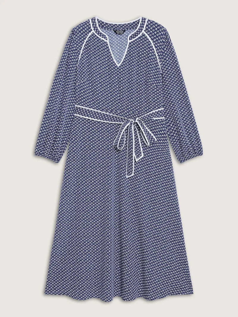 Micro Geometric Print Waist-Tie Maxi Dress