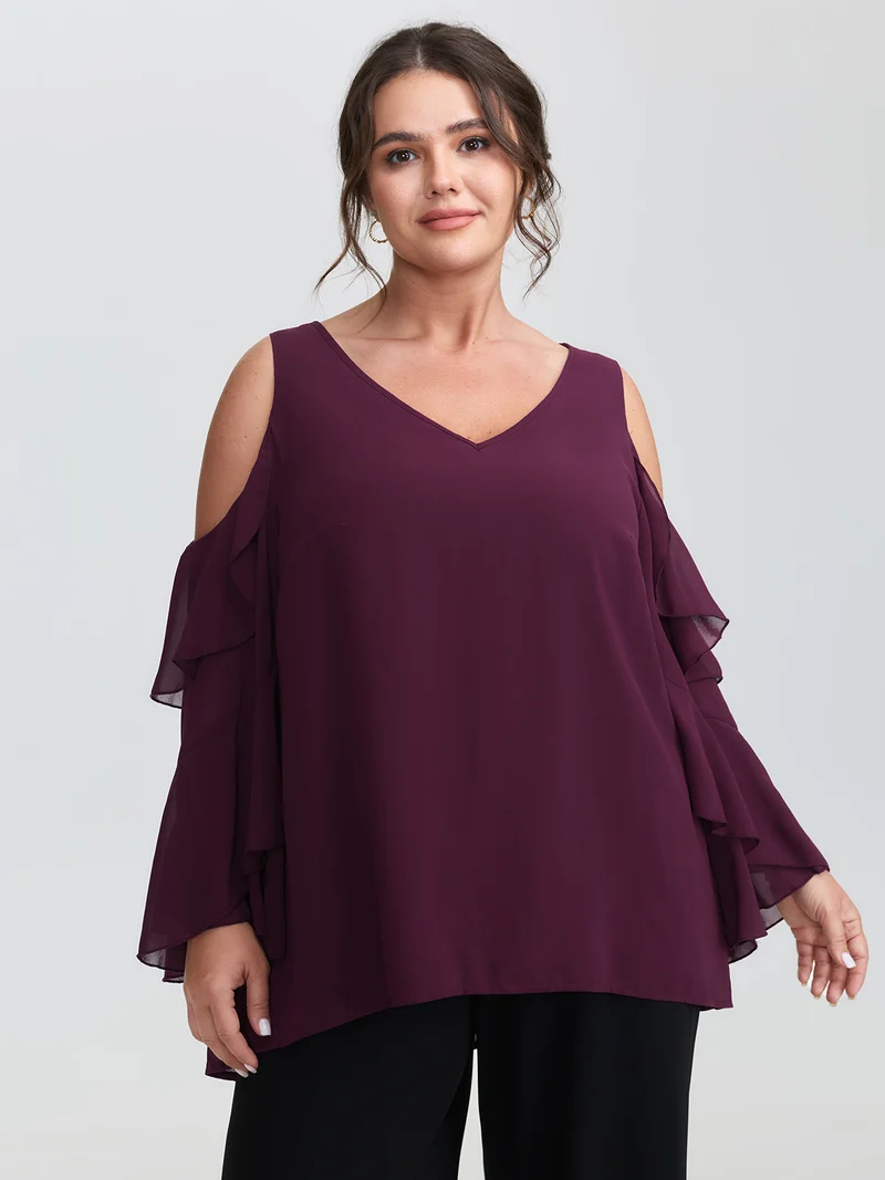 Ruffled Cut-Out Shoulder Flowy Blouse