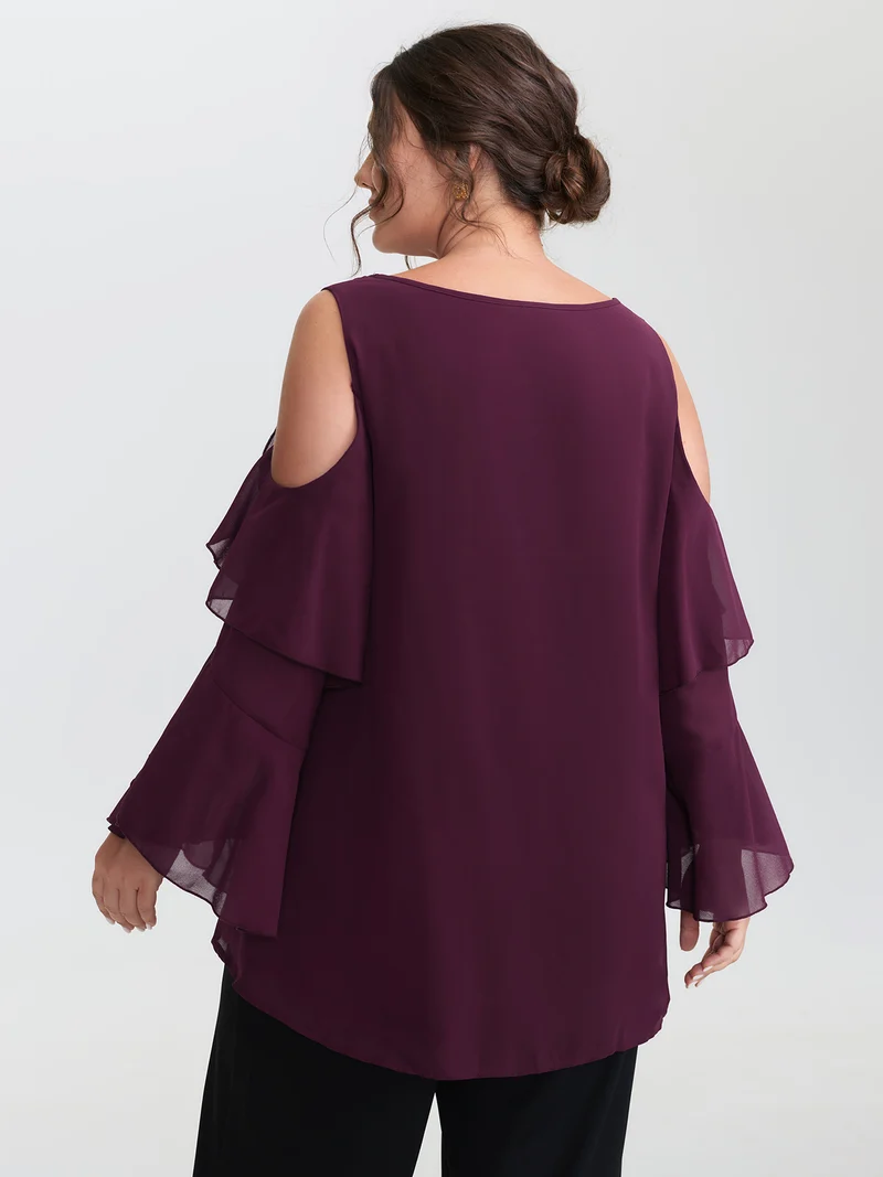 Ruffled Cut-Out Shoulder Flowy Blouse