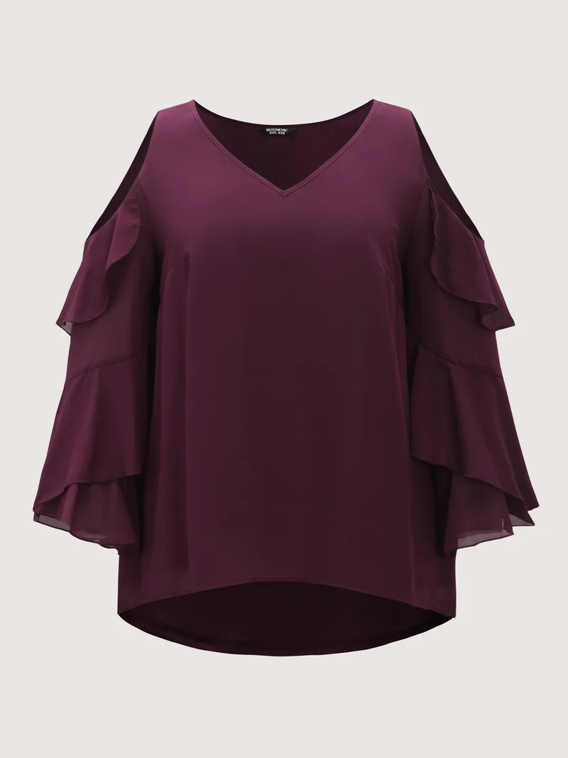 Ruffled Cut-Out Shoulder Flowy Blouse