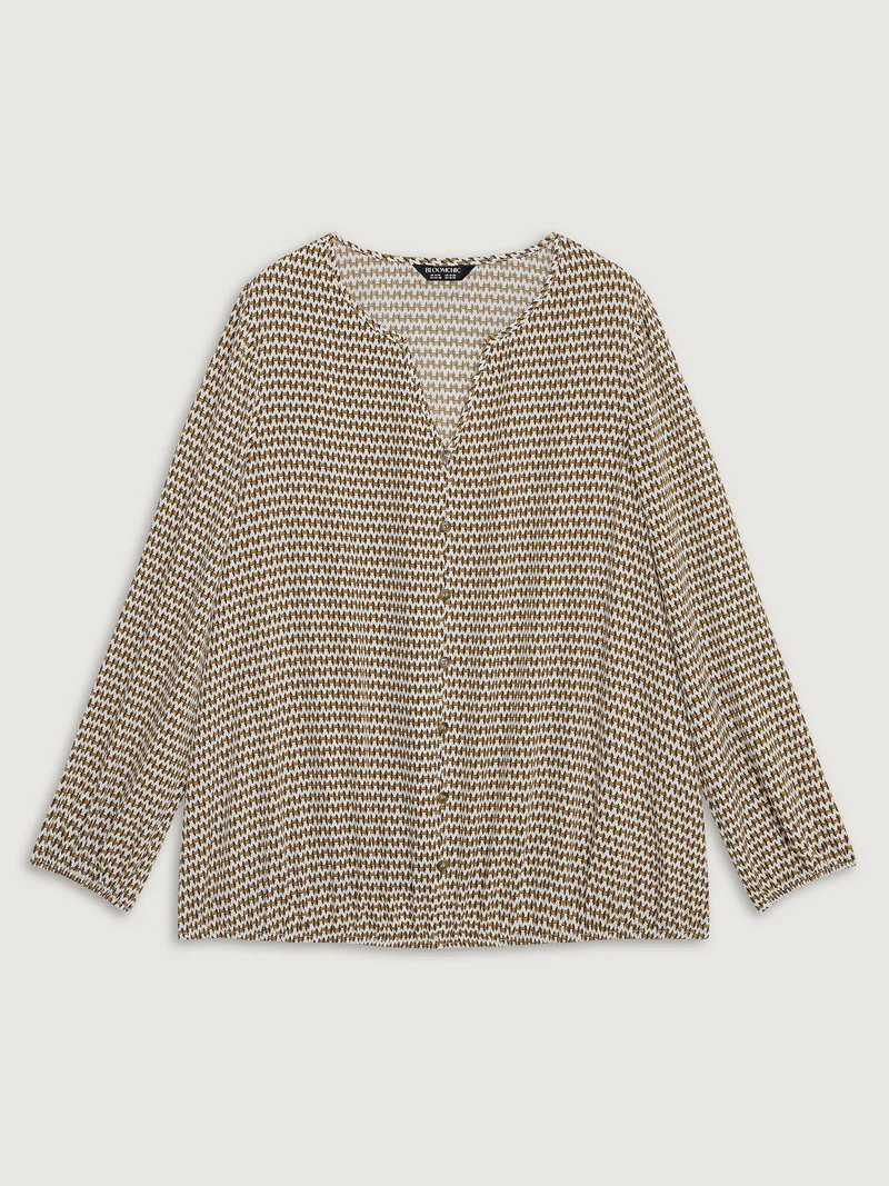 Wavy Stripe Button Detail Split Neck Blouse