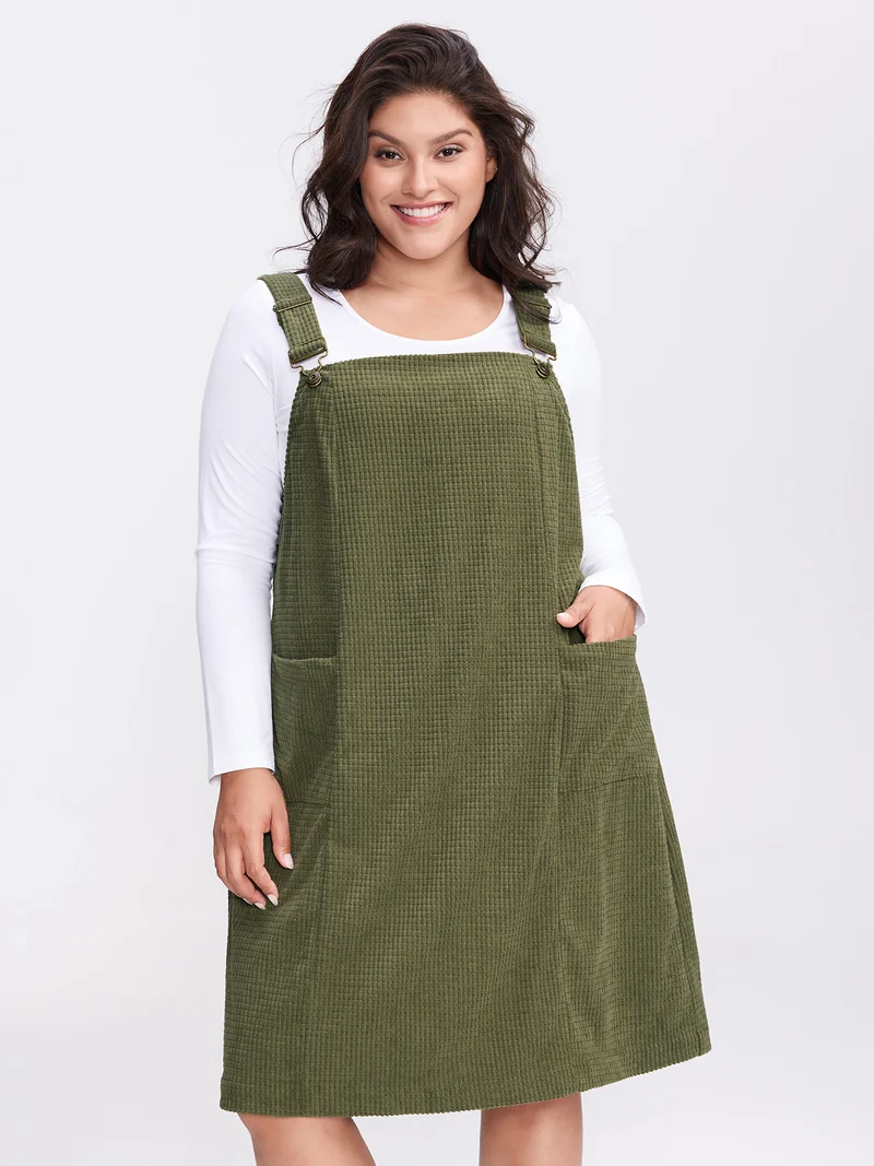Textured Adjustable Overall Pockets Knee-Length Dress