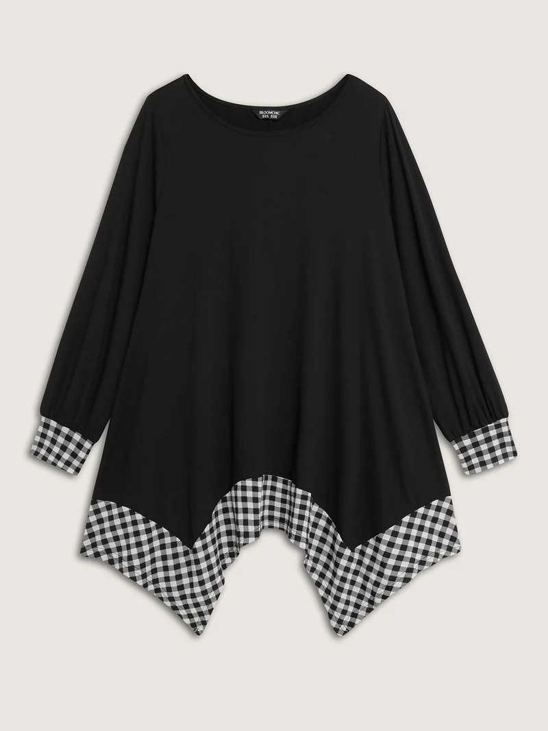 Supersoft Stretchy Checkered Asymmetrical Hem T-Shirt
