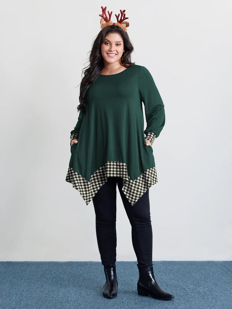 Supersoft Stretchy Checkered Asymmetrical Hem T-Shirt