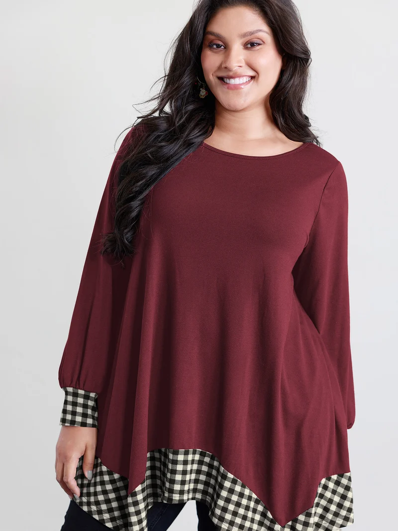 Supersoft Stretchy Checkered Asymmetrical Hem T-Shirt