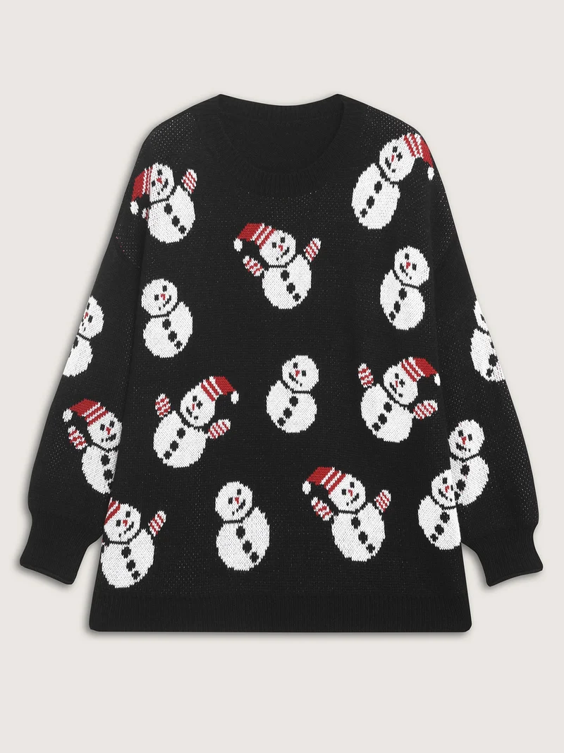 Snowman Jacquard Round Neck Pullover