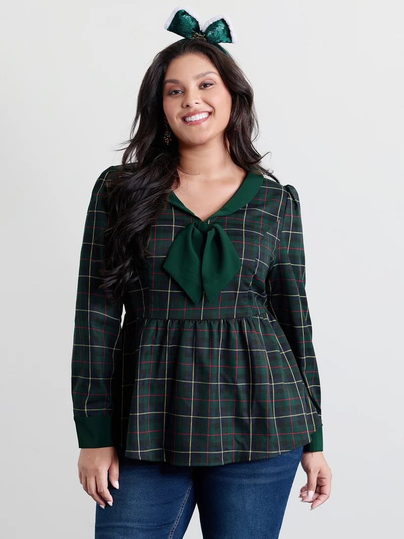 Check Pattern Lapel Tie Blouse