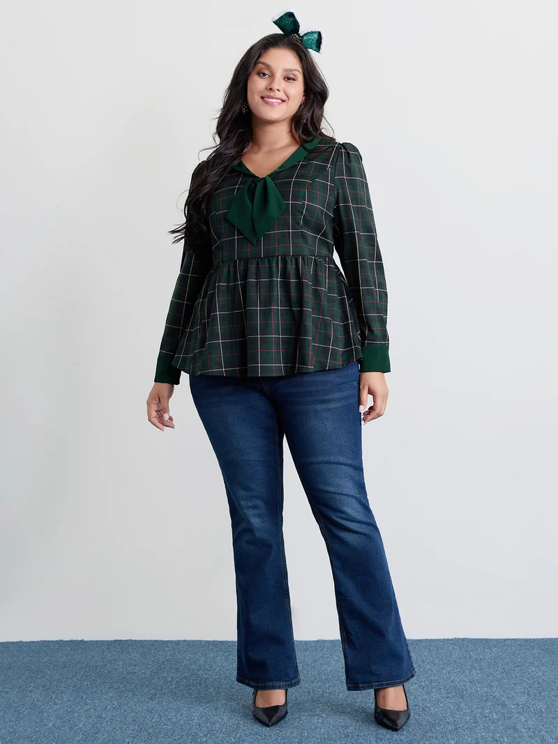Check Pattern Lapel Tie Blouse