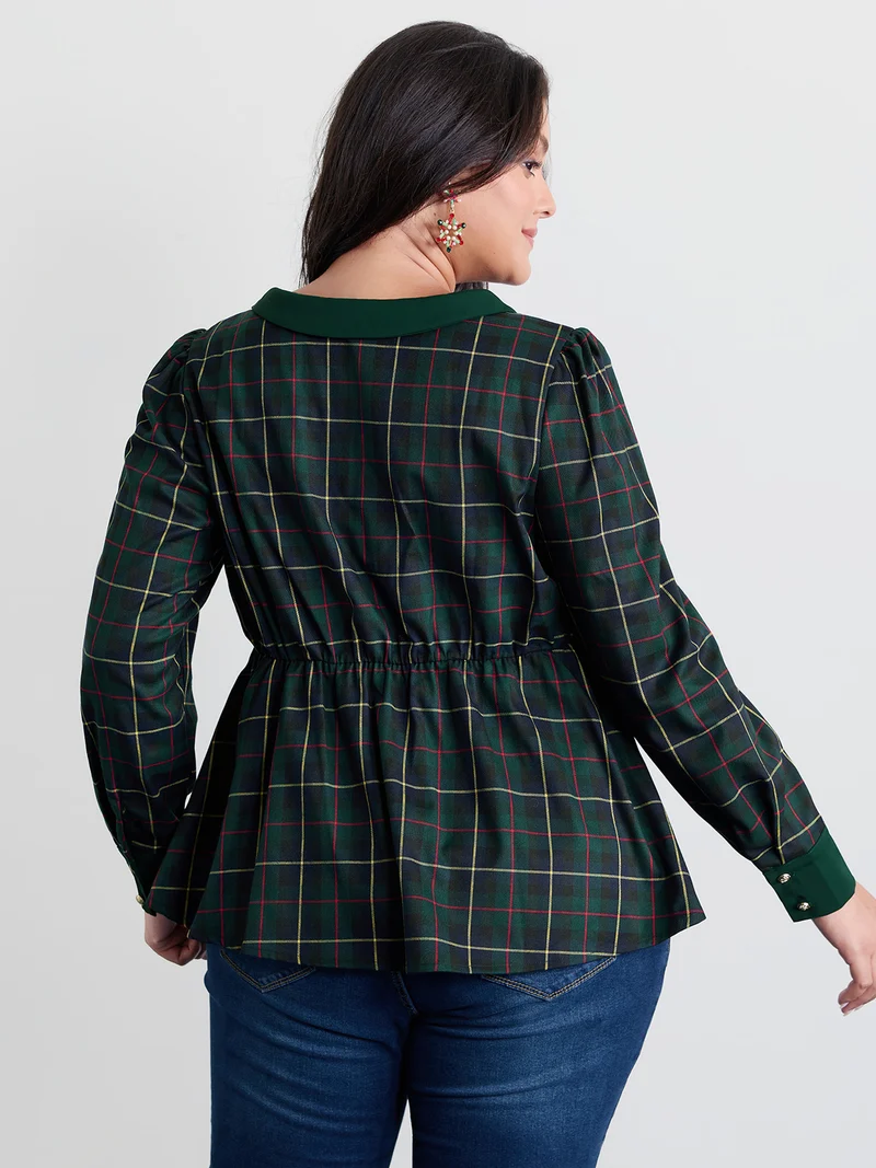 Check Pattern Lapel Tie Blouse