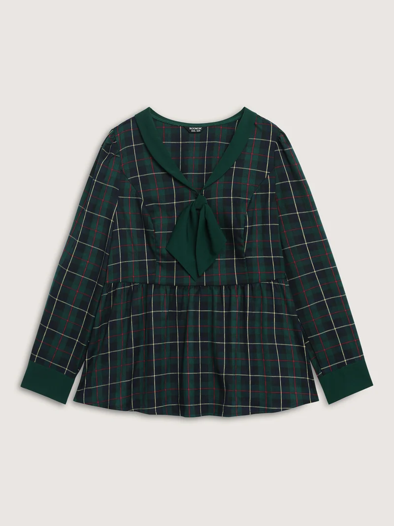 Check Pattern Lapel Tie Blouse