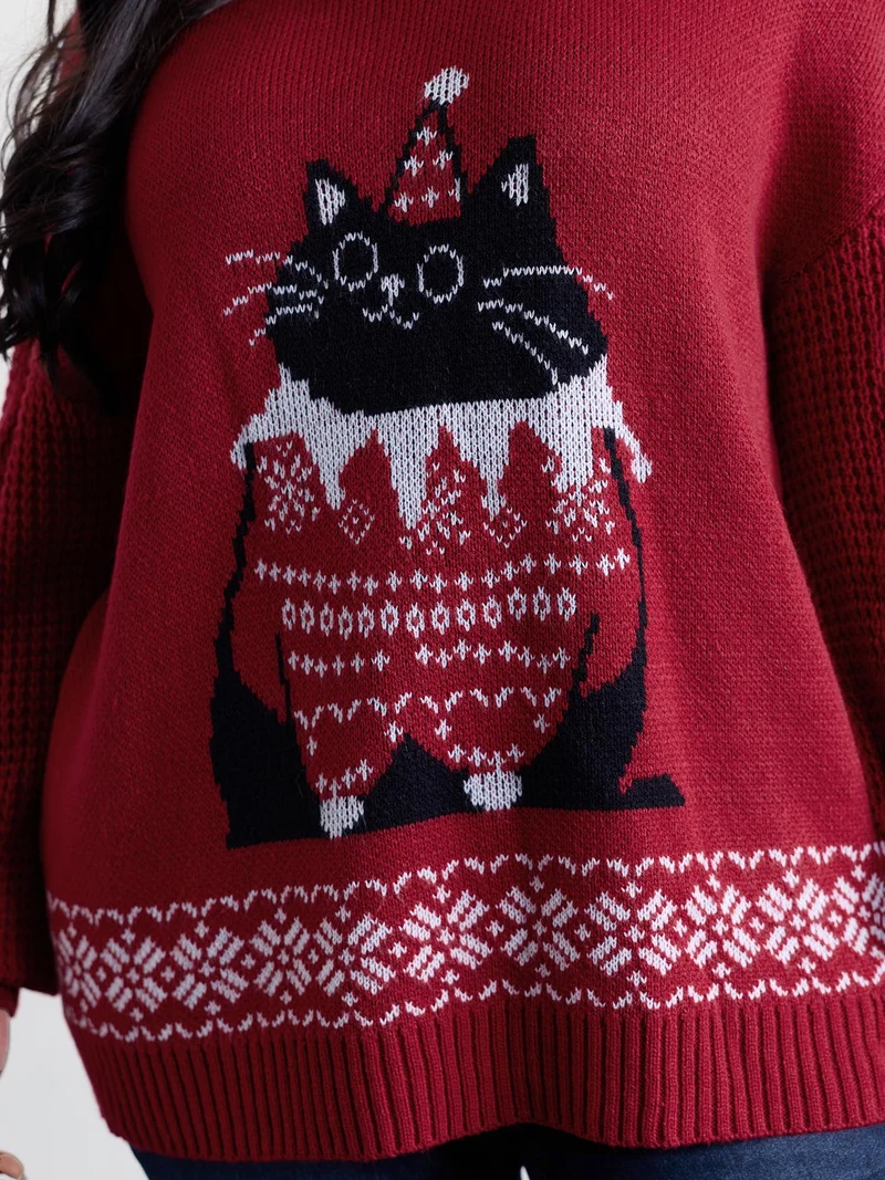 Festive Cat Micro Lantern Sleeve Pullover