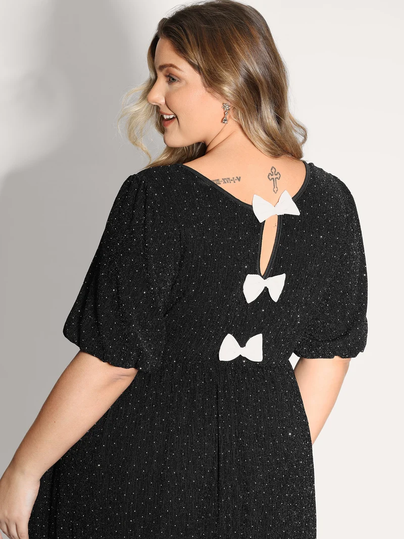 Bowknot Rhinestone Pockets Midi Dress