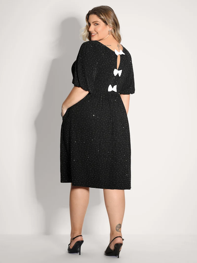 Bowknot Rhinestone Pockets Midi Dress